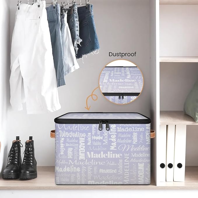 Custom Storage Basket with Name, Personalized Keepsake Box with Zipper Lid, Foldable Fabric Memory Bin Large capacity with Handle Purple White