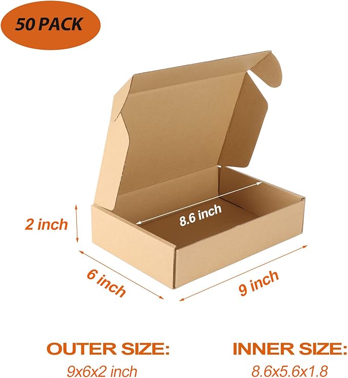 PHAREGE 9x6x2 inch Shipping Boxes Bulk 50 Pack Brown, Tab Lock Tuck Top Mailer Boxes for Packaging Small Business, Small Cardboard Gift Boxes for Wrapping Mailing Present