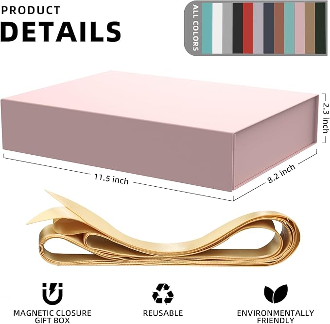MOZRRO 5 Pack Gift Boxes with Lids, 11 x 8.2 x 2.3 Inches Packing Box for Presents Ribbon Magnetic Closure, Luxury Wrapping Gift Boxes for Weddings, Birthdays, Chrismas, Halloween, Pink