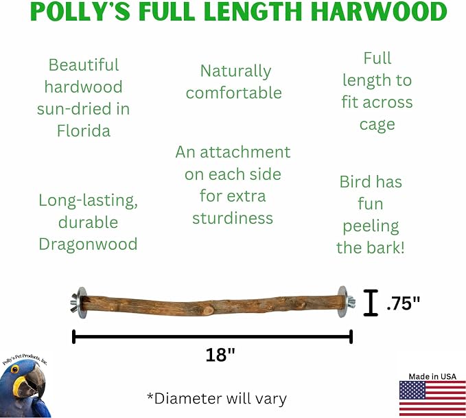 Polly's Full Length Hardwood Cage Perch for Parakeets, Cockatiels, Cockatoos, Macaws, and Other Birds (18")