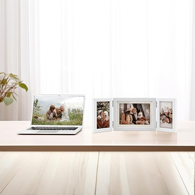 Hinged Tri-Fold 4x6 & 6x8 Picture Frame with Tempered Glass-Tabletop or Wall Mounted Display for Two 4x6 & One 5x7/6x8 Photos (with/without Mat)-Matte White-B467546