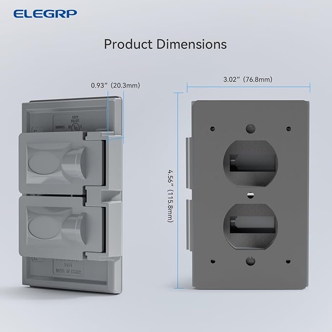 ELEGRP Horizontal Outdoor Cover for Duplex Receptacles, 2-Hole Weatherproof Wall Plate, Outdoor Electrical Outlet Cover, Standard Size 1-Gang 4.55” x 3.02”, Thermoplastic, 6 Pack, Grey
