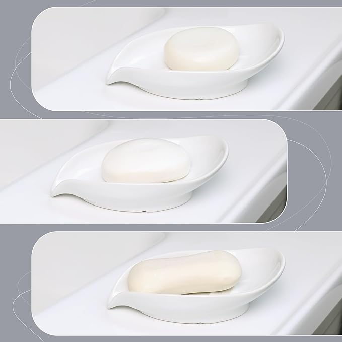 Soap Dish 2PCS, Self-Draining Bar Soap Holder, Leaf Shape Ceramic Drain Soap Dishes for Bathroom Kitchen, Easy to Clean Keeps Soap Dry, White, ANTIS'S HOME