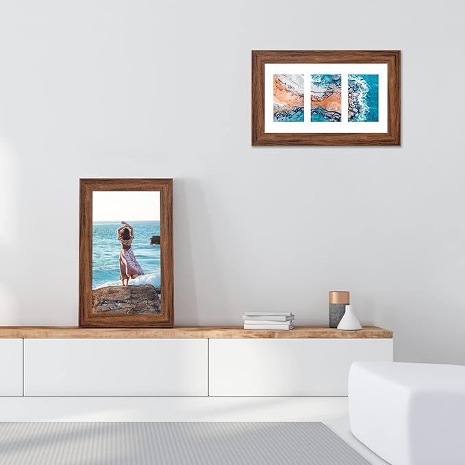 8x14 Picture Frame Display 3 opening 4X6 Picture Frame Collage,Multi Photo Frame with Mat,Plexiglass,Wall Hanging Decor,Carbonized Brown Wood Grain