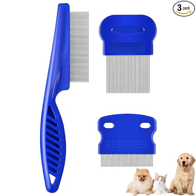 3 Pack Dog Grooming Comb, Flea Lice Pet Combs, Stainless Steel Cat Combs with Rounded Teeth, Professional Metal Tear Stain Remover, Dematting Tool for Small, Medium & Large Pets