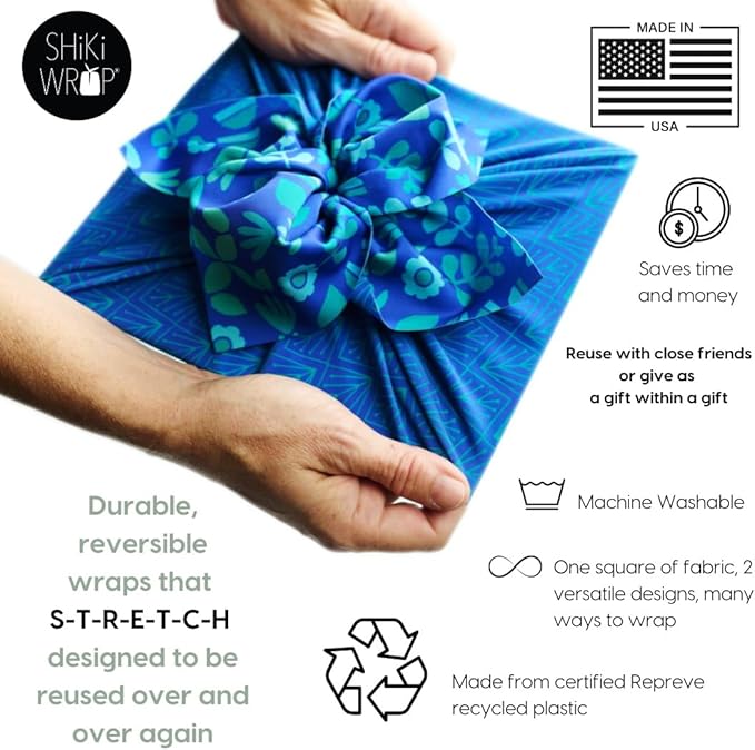 SHIKIWRAP Reusable Cloth Gift Wrap – Set of 3 Holiday Shapes & Deep Blue Eco-Friendly, Reversible, Stretchy Furoshiki Fabric Wrap for Birthday Gifts, Holidays, Special Occasions & Sustainable Living