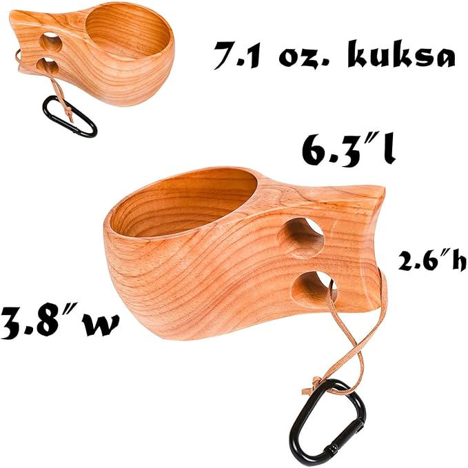 Kuksa Camping Mug Wooden Bushcraft Handcarved Cup, Nordic Style Coffee & Hiking Kuksa, Rubber Wood with Double Hole, 7.1 oz., 6.3" x 3.8" x 2.6"