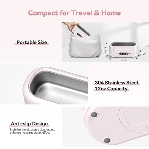 Jewelry Cleaner Ultrasonic Machine, Upgraded 48KHz Ultrasonic Cleaner with 304 Stainless Steel for Jewelry, Eyeglasses, Rings, Watch Strap, Dentures-Pink