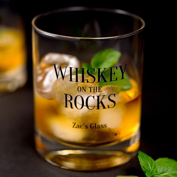 WEDDINGSTAR Personalized Whiskey Glass 11oz - Whiskey Rocks Print