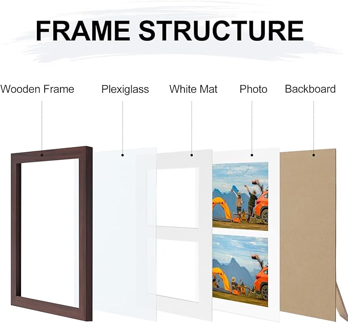 Vittanly 8x10 Collage Picture Frame, Displays 2Pcs 4x6 Pictures with Mat or 1Pcs 8x10 without Mat, Photo Frame for Wall Mounting or Table Top with Stand, Brown, 1 Pack