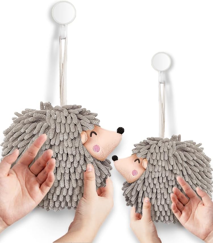 Sophie & Panda Fuzzy Ball Hand Towels - Smiley Hedgehog Hand Towels Family Set – Dry Your Hands Instantly and Conveniently with These Decorative Towels for Bathroom (2-Pack Gray)