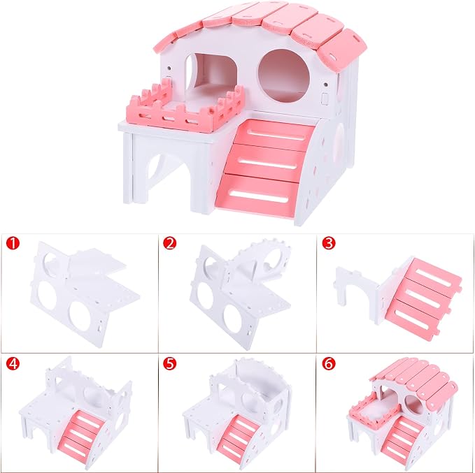 Skylety 3 Pieces Fun Hamster Guinea Pig Hideout Kit, Small, Pink | Include PVC Hamster House, Rainbow Bridge, Seesaw DIY Exercise Playhouse for Rats Mouse Small Animals