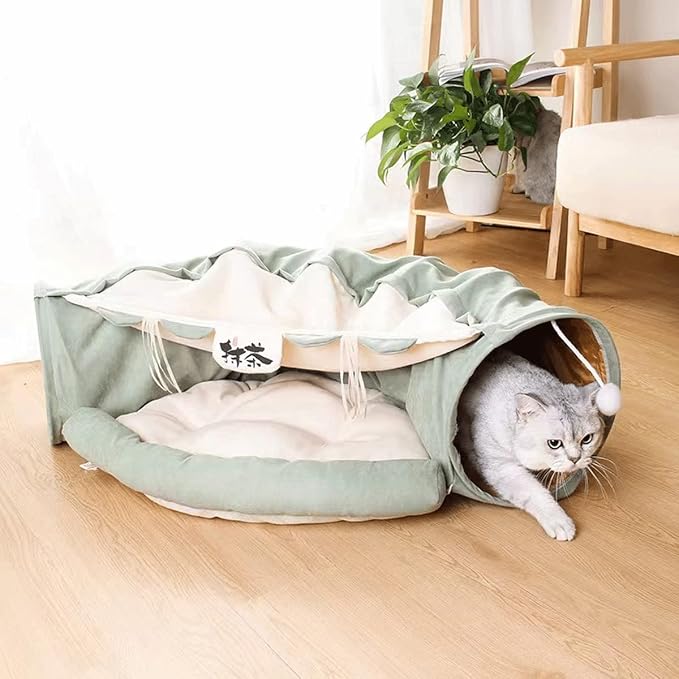 EAEDMY Cat Rabbit Tunnel Bed Nest for Cats Indoor, with Collapsible Washable Soft Cushion, Plush Ball and Exercise Wheel Tube, Fit for Puppy Bunny Kitty Kitten Ferret