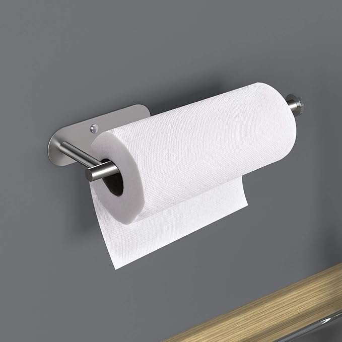 VAEHOLD Adhesive Paper Towel Holder Under Cabinet Mount, Wall Mounted Paper Towel Roll Holder for Kitchen Paper Towel, Stainless Steel（Silvery）