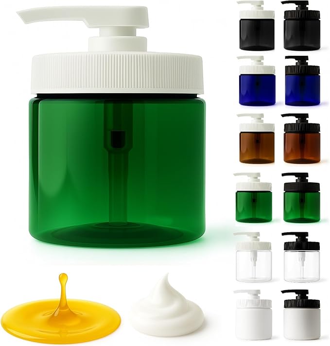 Royal Massage 16oz Refillable Pump Jar with Locking Dip Tube Dispenser – BPA-Free Plastic Container for Massage Oils, Lotions, Creams – Ribbed Lid Wide-Mouth Jar – Durable & Reusable (Green/White, 3)