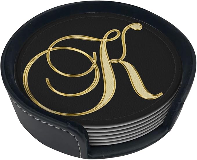 Famame 6 Pcs Letter K Alphabet Gold Print Leather Coasters for Drinks with Holder Coaster Sets Drink Table Cup Coasters for Living Room Kitchen Coffee Decor