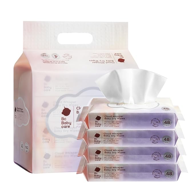 Bc Babycare Dry Wipes, Plant-based Fibers, Wet and Dry Multi-Use Facial Cloth and Baby Wipe, Hypoallergenic and Gentle on Skin, 48 Count, 4 Packs