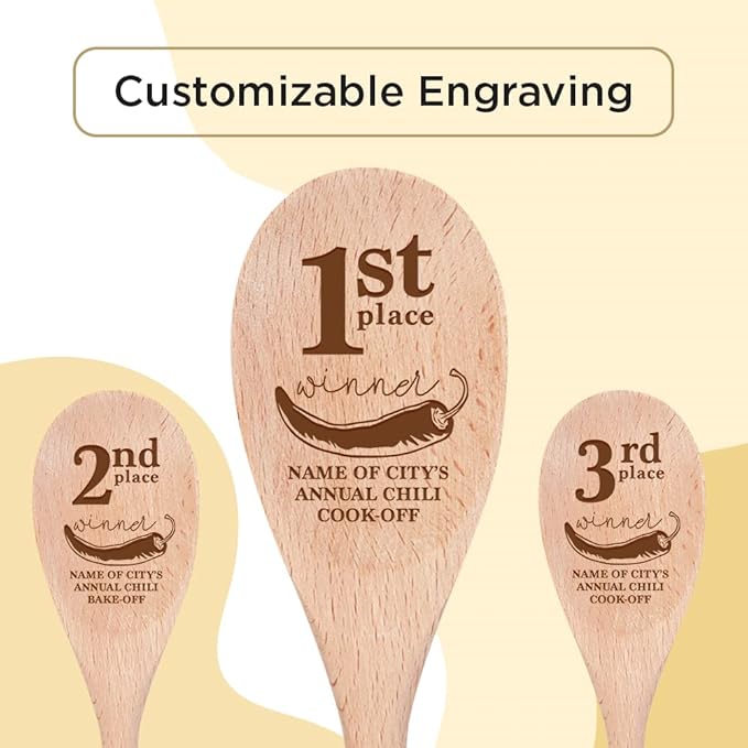 1st, 2nd and 3rd Place Winner-14 Inch Kitchen Spoons Set of 3, Personalized Custom Engraved in USA, Wooden Cooking Utensils, Chili Cook Off Showcase Party Prizes Contest Favor (Chili)