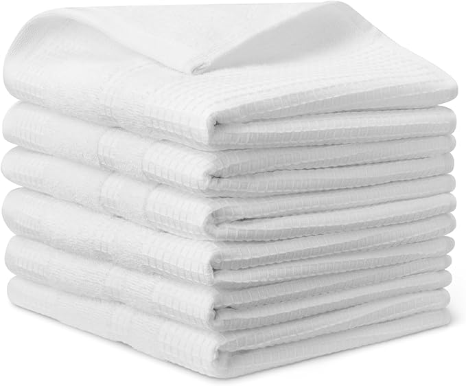 Amazon Basics Organic Cotton Waffle Kitchen Dish Towels - Ultra Absorbent, Quick Drying, Lint-Free, 15 x 25 inches, 6-Pack, White