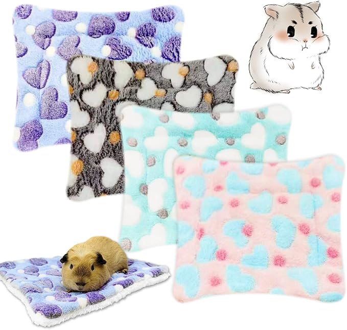 EAEDMY 4 Pieces Guinea Pig Bunny Comfortable Bed Mats Pads, Rabbit Warm Soft Bed, Hamster Bedding Pad Mats for Small Animals Chinchilla Hedgehog Baby Cats (11.8"x9.1", 1.Hearts Pattern)