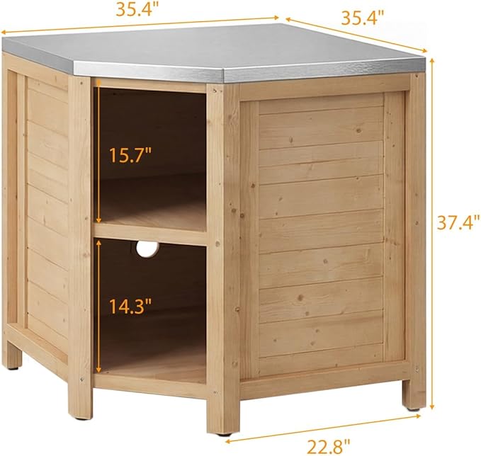 MOUMON Corner Patio Kitchen Storage Cabinet with Stainless Steel Countertop, Solid Cedar Patio Prep Table for Grilling, Outdoor Cooking Station, Oak 35.4”W x 35.4”D x 37.4”H