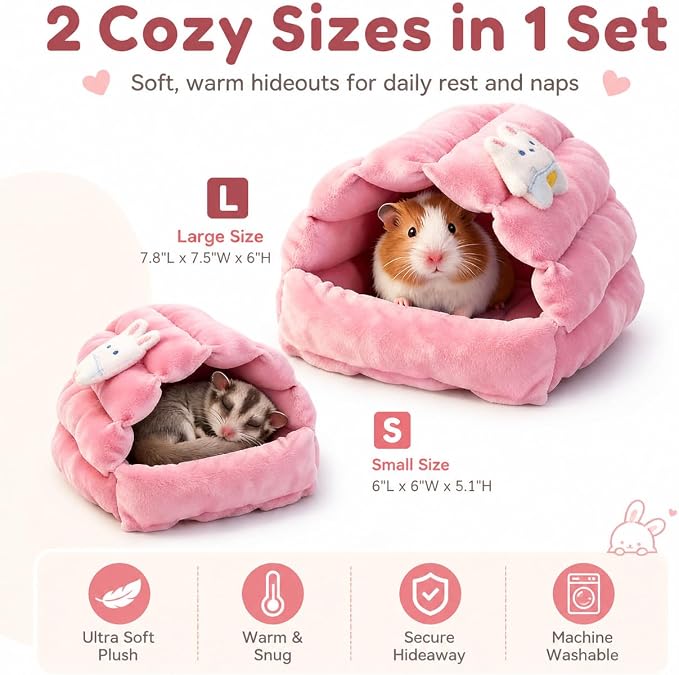 Meow&Woof Small Animal Beds, 2 Pack Hamster Hideout, Washable Guinea Pig House, Cozy Hedgehog Cage Accessories, Hideaway for Sugar Glider, Chinchilla, Rat-Pink
