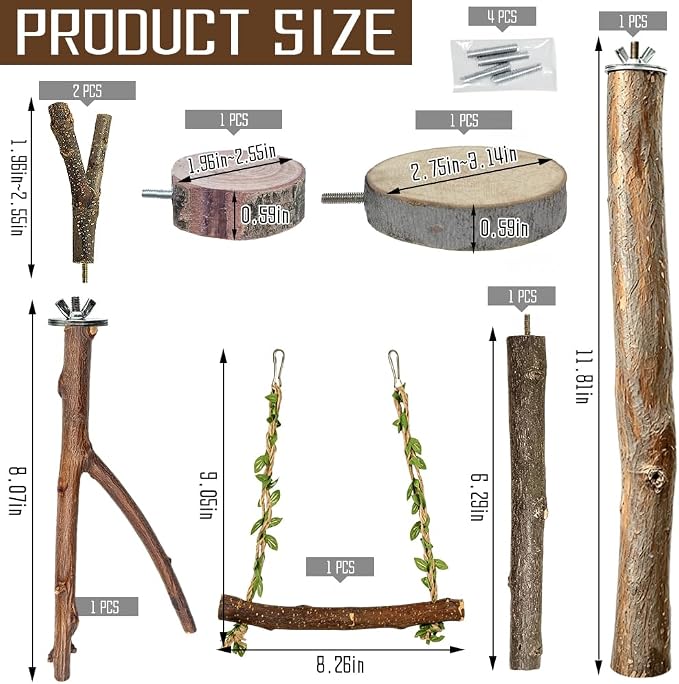 Bird Perch Swing for Cage Accessories - Natural Wood Parrot Perch for Parakeet Budgie Cockatiel Toys