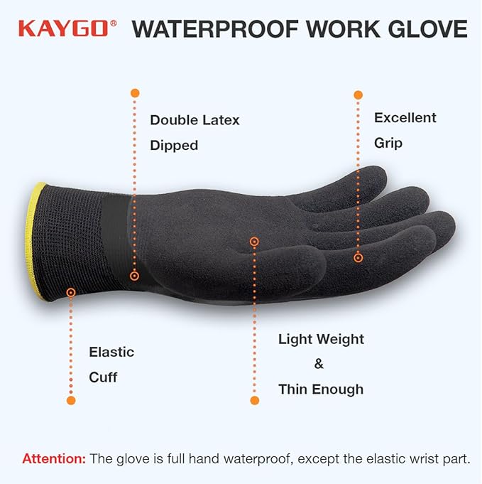 KAYGO Waterproof Work Gloves for Men and Women, Rubber Coated Non-slip Working Gloves for Garden, Outdoor Construction,3 pairs,Black,S