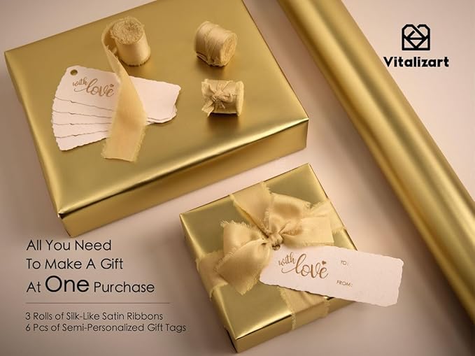 Vitalizart Gold Matte Metallic Wrapping Paper Set 30" With Silk Satin Ribbon & Gift Tags Christmas Gift Wrapping Birthday Baby Shower Wedding Bouquets Handmade Crafts 197"(16.4 Ft) Gold Ribbon