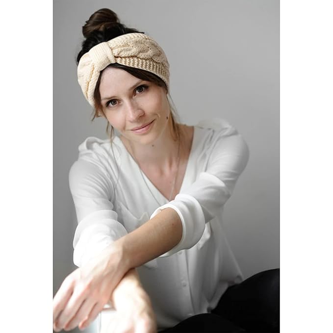 AQOKKA Knit Winter Headbands for Women Fuzzy Wool Fleece Lined Ear Warmers Elastic Turban Crocheted Head Wrap Winter Accessories for Women Cold Weather