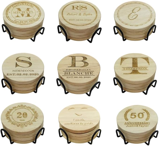 Personalized Monogram Coasters, Custom Engraved - Wooden Drink Coasters, Set of 4 - Great Gifts