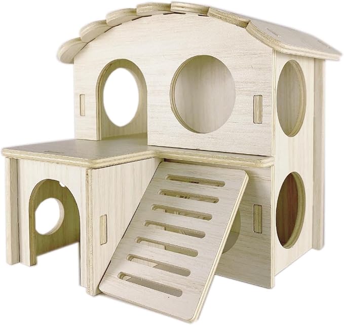 Hamster Hideout Cage Accessories - Hamster House and Habitat Wooden Hide Hut with Climbing Ladder and Platform for Dwarf Gerbils and Mouse Mice Rat Other Small Animals etc.