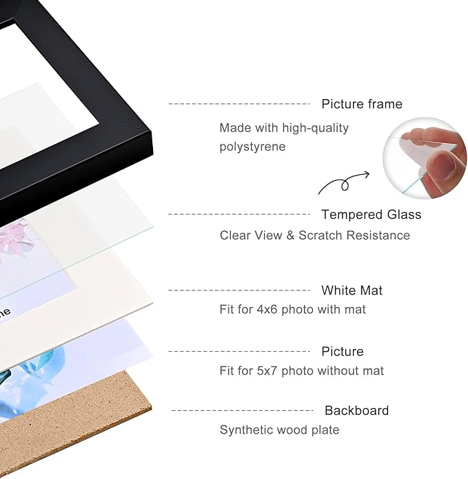 Double Hinged 5x7 Picture Frame with Tempered Glass-Tabletop or Wall Mounted, Display for 4x6 & 5x7 Photos (with/without Mat)-Classic Black, For Family Photos & Wedding Memories-H75X2