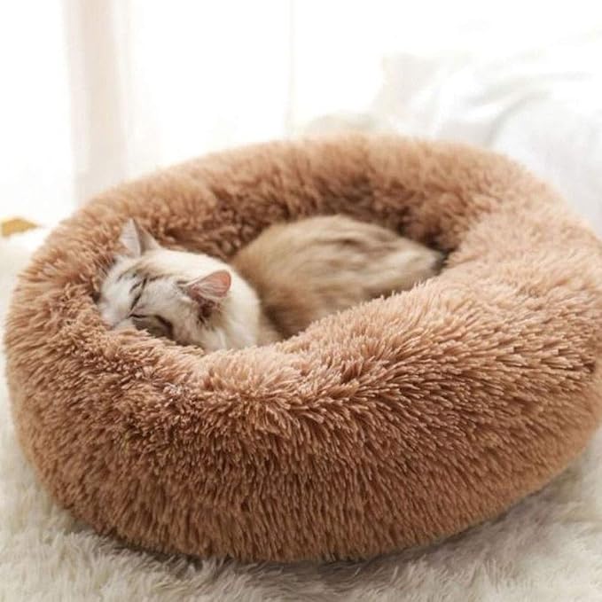 Plush Calming Donut Dog Bed for Small to Medium Dogs, 28 Inch Round Pet Bed | Soft Faux Fur Puppy Bed with Raised Rim for Curling and Head Support; Washable Round Pet Bed for Small to Medium Dogs or Cats