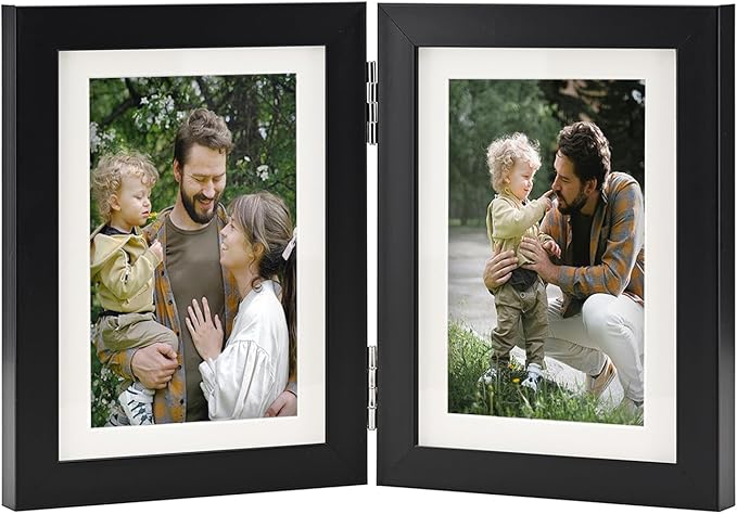 Double Hinged 5x7 Picture Frame with Tempered Glass-Tabletop or Wall Mounted, Display for 4x6 & 5x7 Photos (with/without Mat)-Classic Black, For Family Photos & Wedding Memories-H57X2