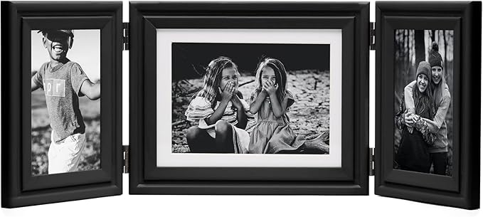 3 Vertical Horizontal 4X6 and 5X7 Picture Frames Hinged Wood Folding Photo Frames with Real Glass Front Fit for Desktop or Tabletop, Black XHEI-V46H75V46