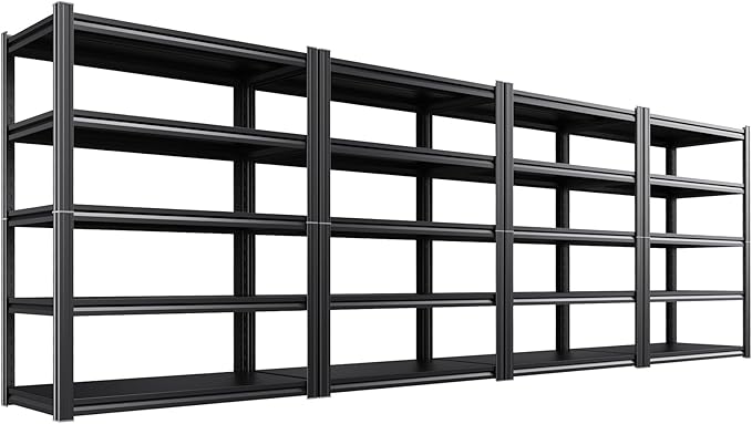 4 Pack 46" W Heavy Duty Garage Shelving - 5 Tier Metal Storage Shelves (2500 LBS Total Capacity), Adjustable Steel Utility Rack for Pantry, Warehouse, Basement, Shop -71.2" Hx46 W x 20" D,Black
