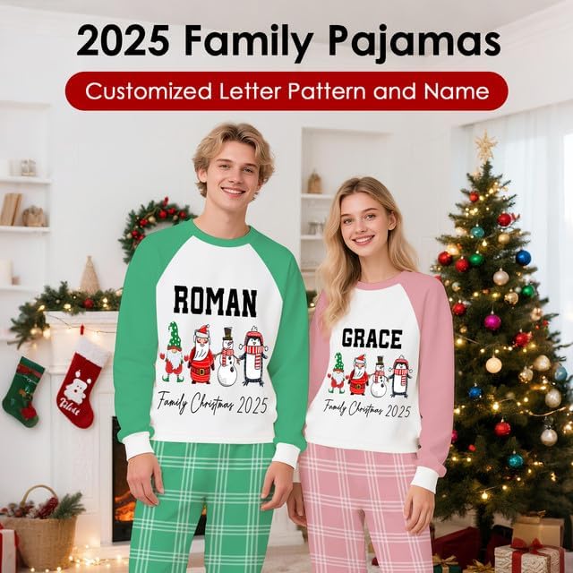Personalized Family Christmas Pajamas Matching Sets 2025, Custom Xmas pjs, Long Sleeve Raglan Top Plaid Pant