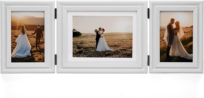 3 Vertical Horizontal 4X6 and 5X7 Picture Frames Hinged Wood Folding Photo Frames with Real Glass Front Fit for Desktop or Tabletop, White XBAI-V46H75V46
