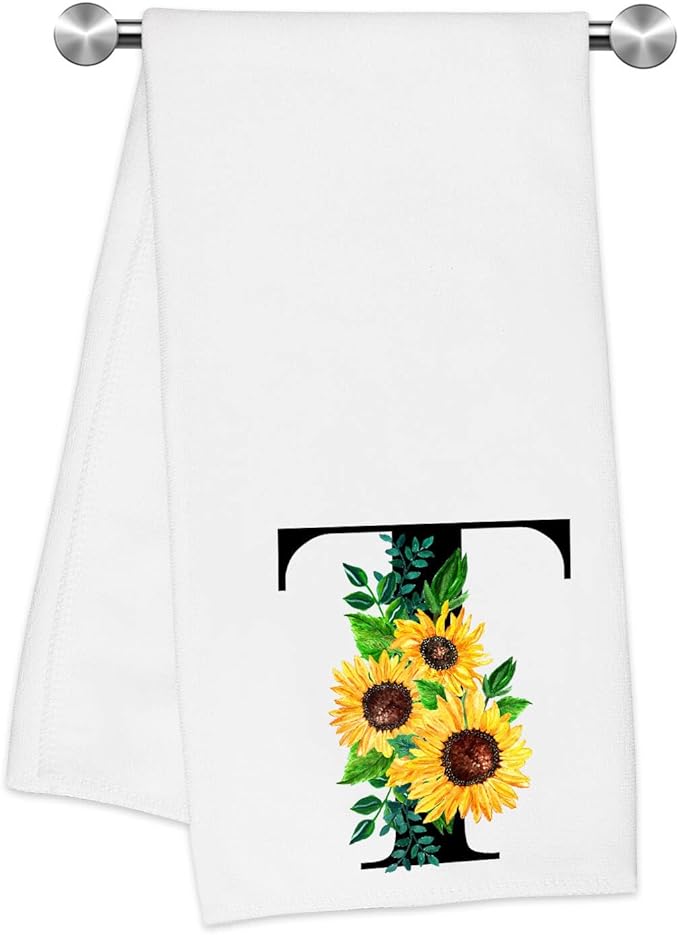 Monogrammed Sunflower Hand Towels,Ini-tial T Tea Towel Letter Kitchen Towels,Sunflower Gifts for Women,Monogram Dish Towel 17x23 Inch,Kitchen Bathroom Decorative Ini-tial Gifts for Mom Wife