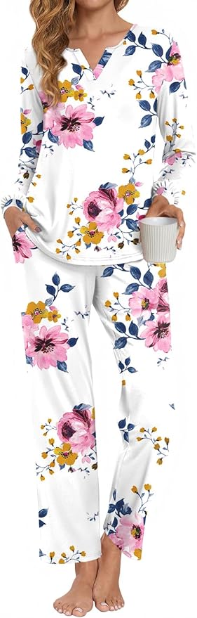 Anyally Women's Plus Size Pajama Sets Ladies Fall Pjs 2 Pieces Lounge Outfits V Neck Long Sleeves Sleepwear with Pockets