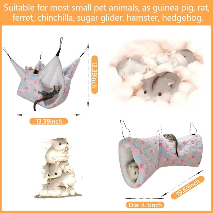 LEFTSTARER Guinea Pig Ferret Rat Hammock Toy Set - Small Animal Cage Accessories Hideout Tunnel & Bunkbed for Rat Ferret Guinea Pig Hamster Sugar Glider Chinchilla (Heart-Pink)