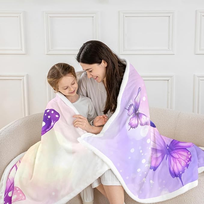Feelyou Girls Fleece Throw Blanket 40"x50" Kids Purple Butterfly Sherpa Blanket Plush Fuzzy for Bed Couch Chair Living Room, Floral Flower Bed Blanket Cute Watercolor Room Decor