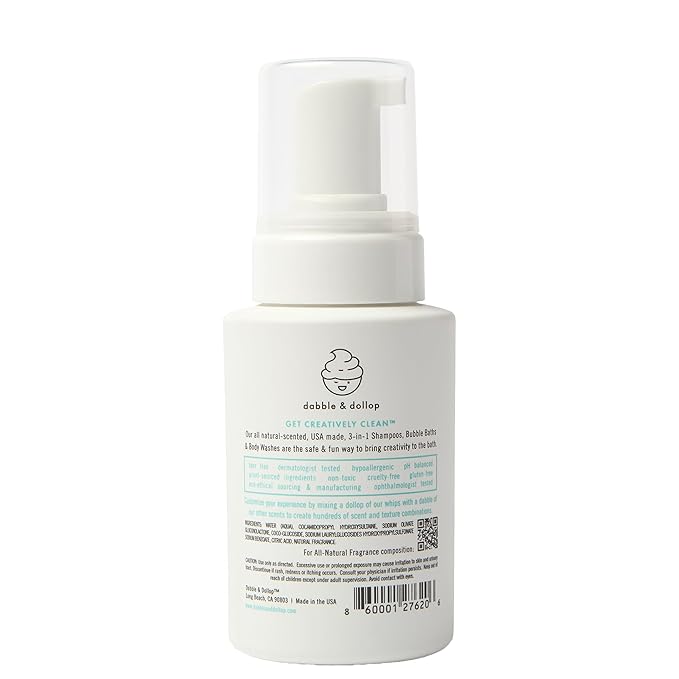Dabble & Dollop All Natural Vanilla Whip 3-in-1 Body Wash, Shampoo & Bubble Bath for Kids – Tear-Free, Gentle, Hypoallergenic, Vegan, No Parabens or Sulfates (8 fl oz, Pack of 2)