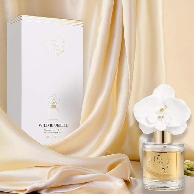 Reed Diffuser Set, Pretty Valley Home Diffuser Gypsum White Orchid Flower Oil 120Ml / 4.05fl OZ Gift Box for Bathroom Office Bathroom Living Room Decor, Long Lasting Fragrance (Wild Bluebell)