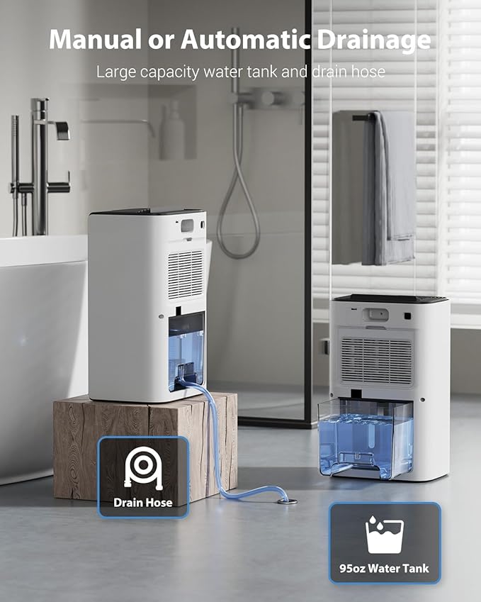 Dehumidifiers for Home, 850 sq.ft 95oz Dehumidifier with Drain Hose Timer Sleep Mode Auto-Off 7 Colors Light, Dehumidifiers for Basements Bathroom Bedroom RV White