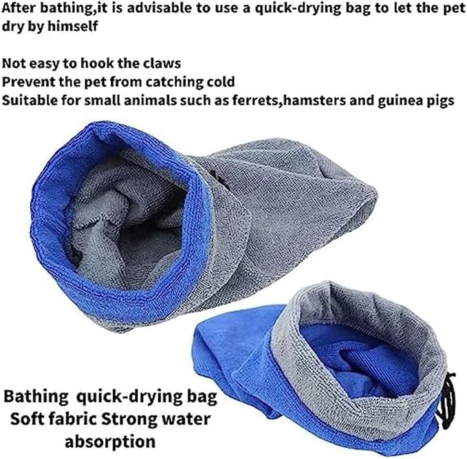 2PC Ferret Bath Towel Bag, Fast Drying Absorbent Bathrobe with Adjustable Drawstring for Ferrets, Chinchilla, Guinea Pigs (Blue+Grey)