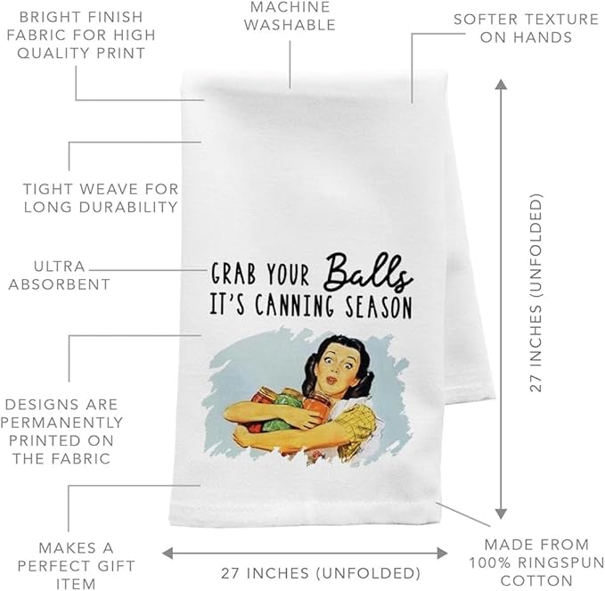 Andaz Press Funny Retro Kitchen Towel, Flour Sack Tea Towel, Grab Your Balls It's Canning Season, Funny Birthday for Mom, Daughter, Grandma, Sister, Friend, Women, Gag Gift