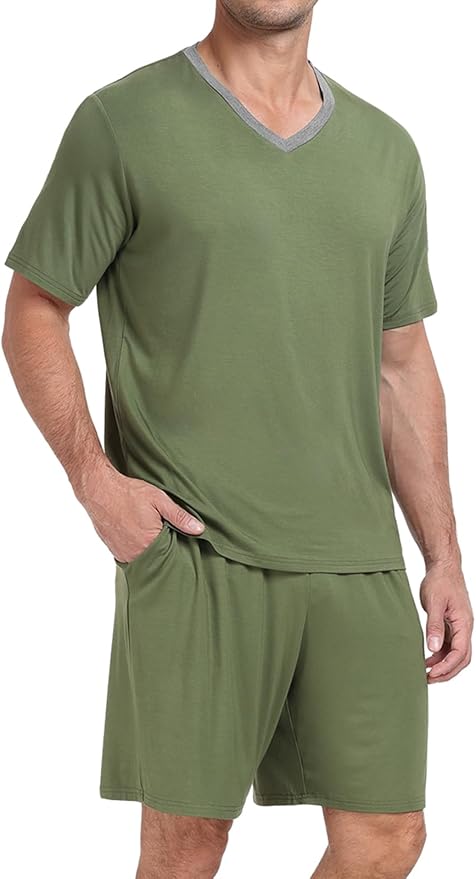 PrinStory Men's Pajama Set Sleepwear Pjs Lightweight Quick Dry Short Sleeve V-Neck Shirts and Shorts Soft Comfy Sleep Sets