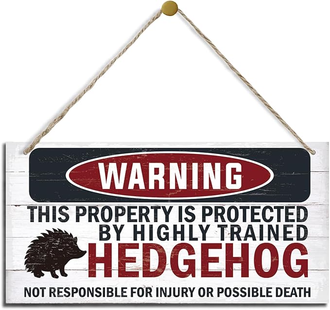 Warning Signs, The Property is Protected By Highly Trained Hedgehog Sign, Decorative Wood Hanging Wood Plaque, Hedgehog Decor, Wooden Decoration for Yard Street Garden Garage Outdoor Home